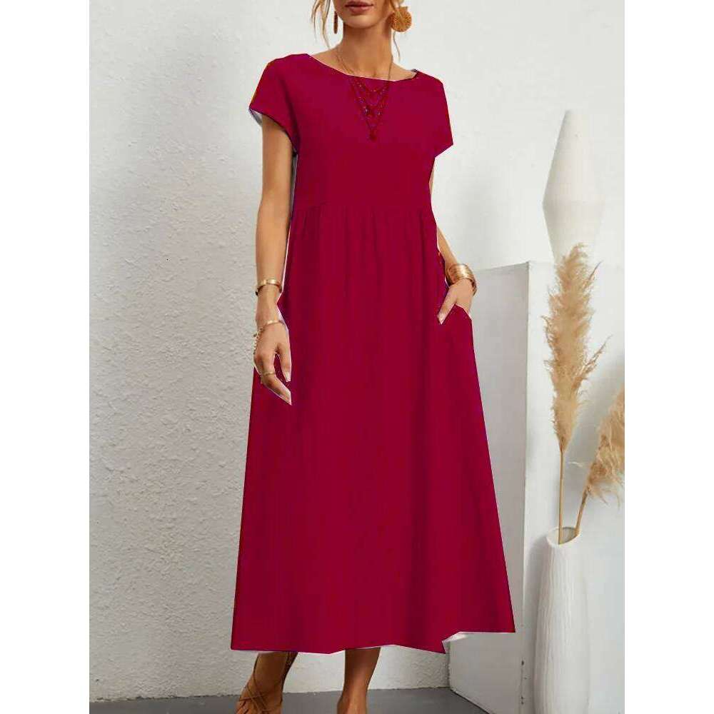 Women Vintage Solid 2023 Summer Elegant O Neck Short Sleeve Cotton Linen Dresses Female Casual Loose Sundress Long Dress C260312