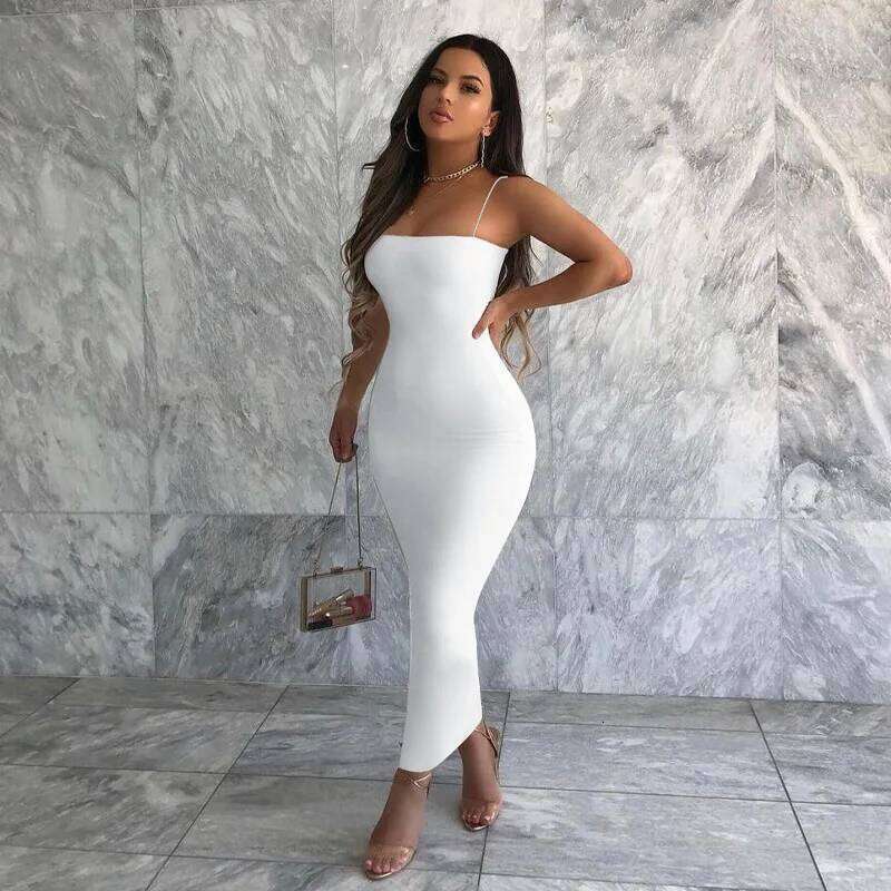 Nsangu 2024 Autumn Winter Women Solid White Black Strap Midi Dress Bodycon Sexy Streetwear Party Club Elegant Fashion Clothes C260312