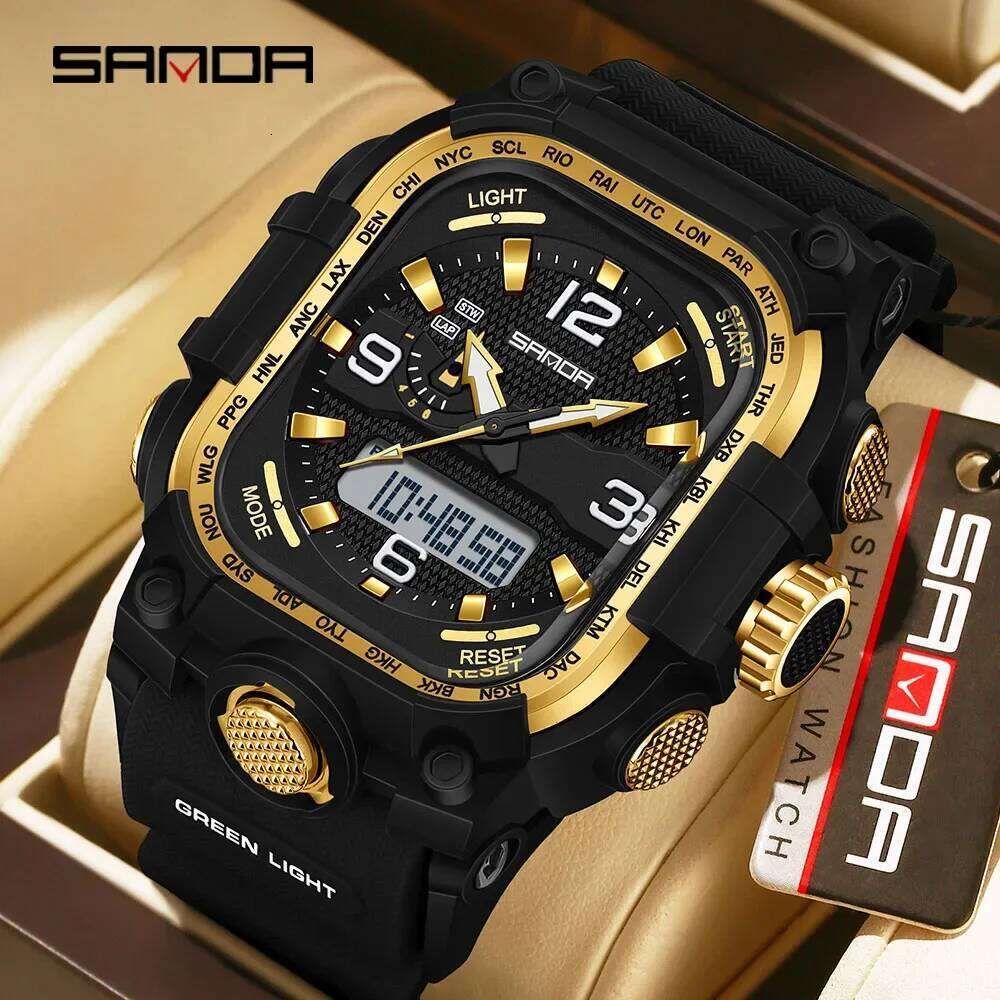 SANDA 2026 Men's Electronic Watch Multifunctional Luminous Alarm Clock Calendar Stopwatch Dual Display Digital Watches for Man