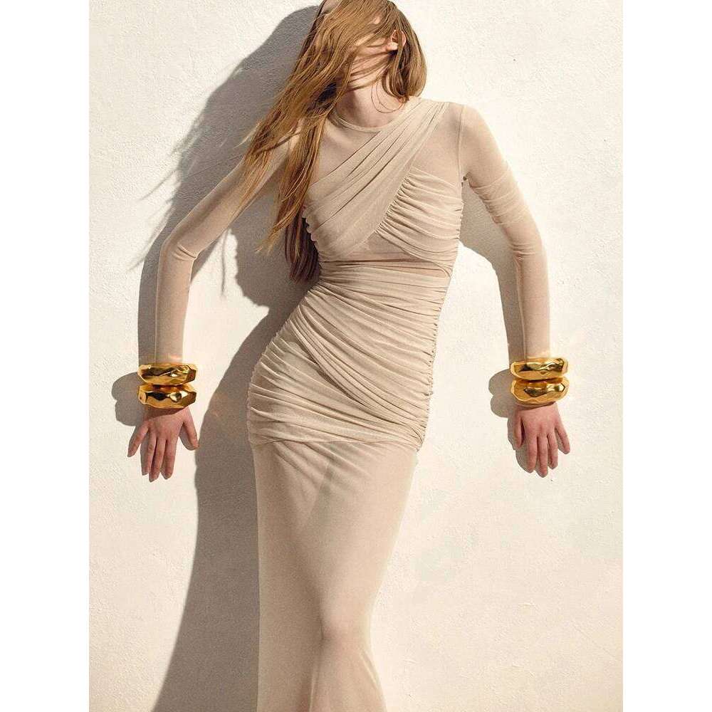 Mozision Mesh Ruched Sexy Maxi For Women Fashion Zipper Patchwork See Through Sleeve Elegant Club Party Long Dress C260312
