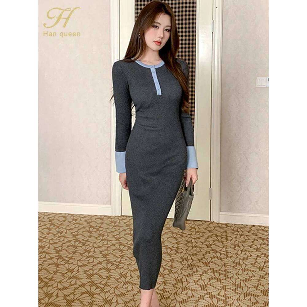 H Han Queen Women's Winter knit Sweater Simple Splicing Bodycon Knitted Dresses Elasticity Casual Party Pencil Sheath Dress C260312