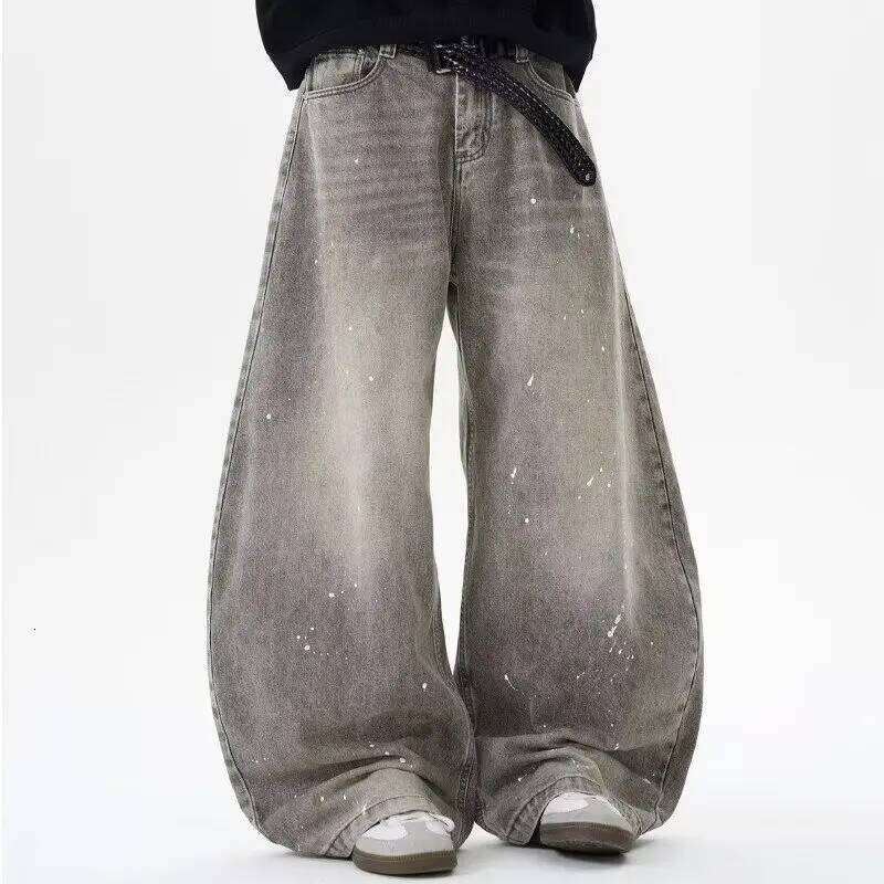 Spring Autumn Retro Washed Vintage Grey Splash Ink Curved Knife Jeans for Men and Women Trendy Brand American Street Loose P 26Y0312