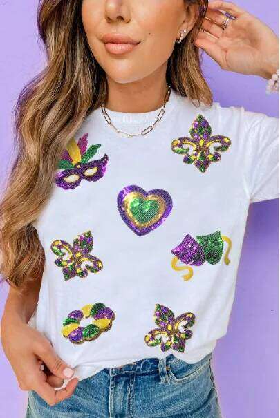 2026 Mardi Gras Sequin Letter T Shirt Holiday Graphic Tees Z260312