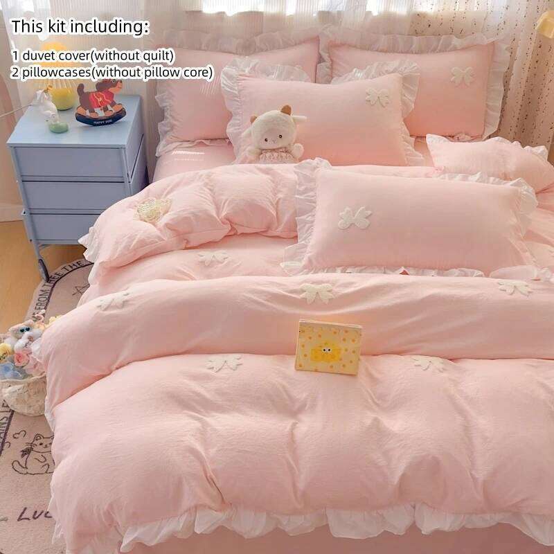 3 Piece Sheet Pink Bowknot Quilt Set, Comfortable Embroidery Bedding Set Bedspread for All Seasons H260312