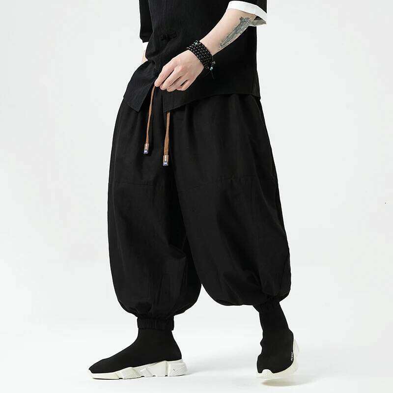 2024 Summer Wide Leg Dark Wind Solid Color Casual Japanese Styles Harun Men Cotton Linen Lantern Pants