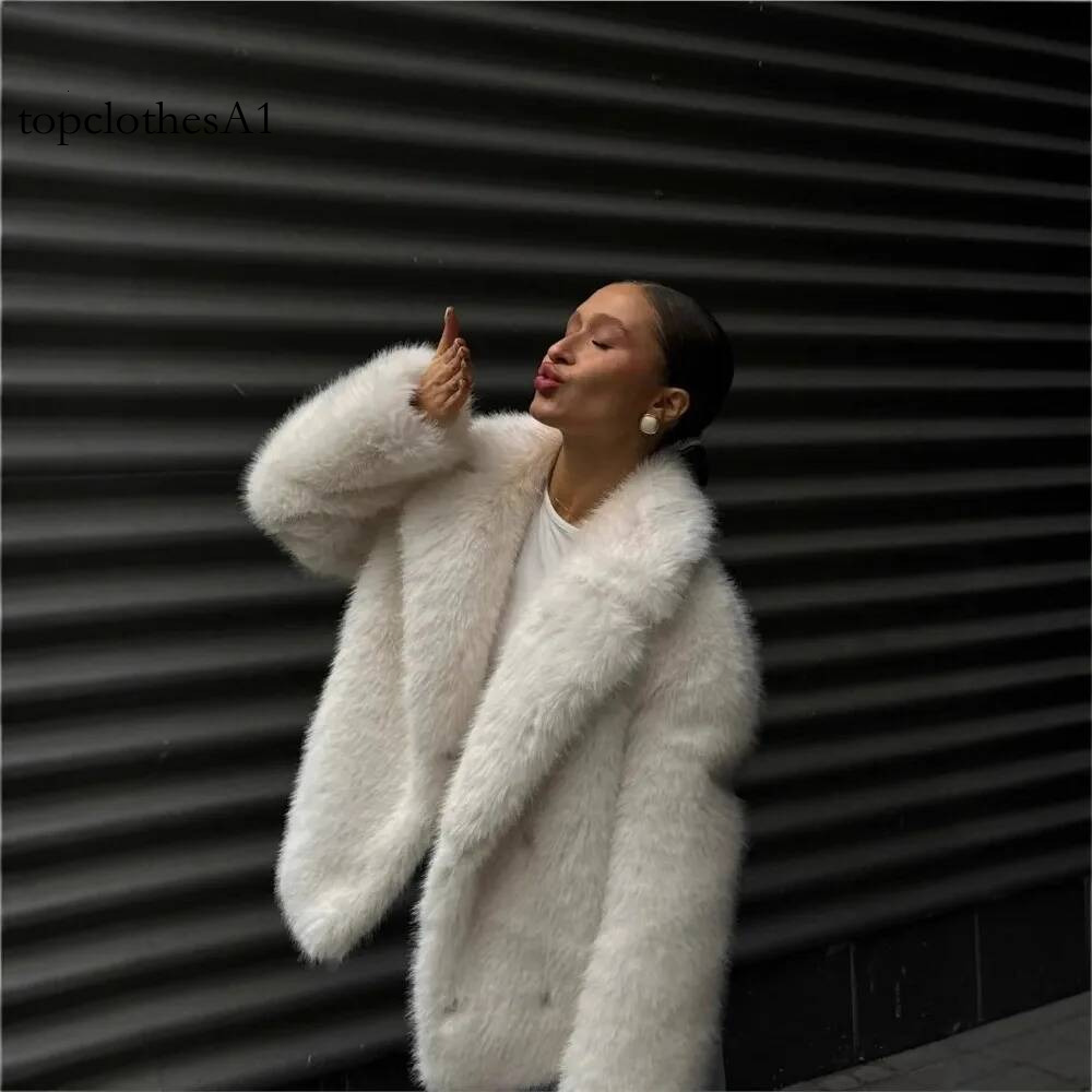 KIDCRKJ Winter Women Mink White Snap Button Lapel Faux Fox Jacket For Lady Chic Fluffy Female Artificial Fur Coat