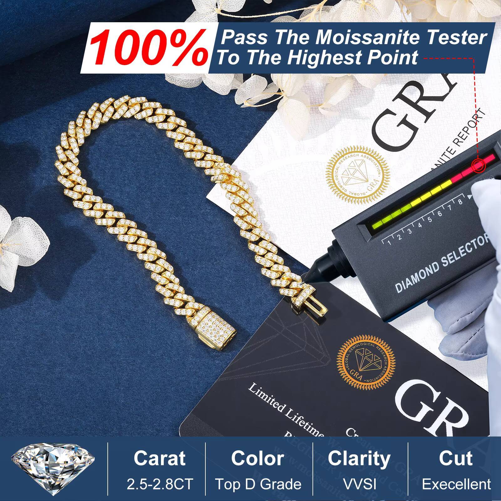 6mm White Gold 925 Sterling Silver VVS Moissanite Diamond Cuban Link Chain Bracelet Iced Out Mossanite Jewelry for Men Women