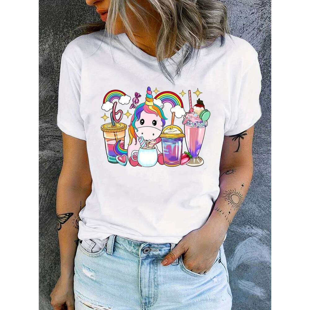 Womens Rainbow Unicorn Print T-Shirt Short Sleeve Lightweight & Breathable Crew Neck Top - Perfect Casual Wea Z260312