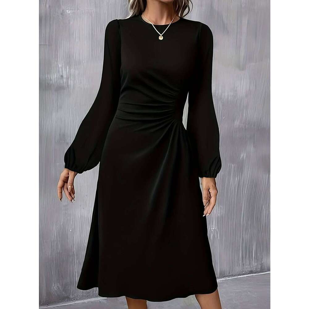 2025 New Women's Long - sleeved Black Maxi Dress with Ruched Waist Detail C260312