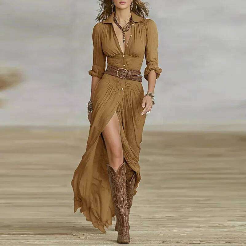 Woman Dresses 2025 New French Retro V Neck Belted Slim Pleated Autumn Single Breasted Long Sleeve Slit Bohemian Dress C260312