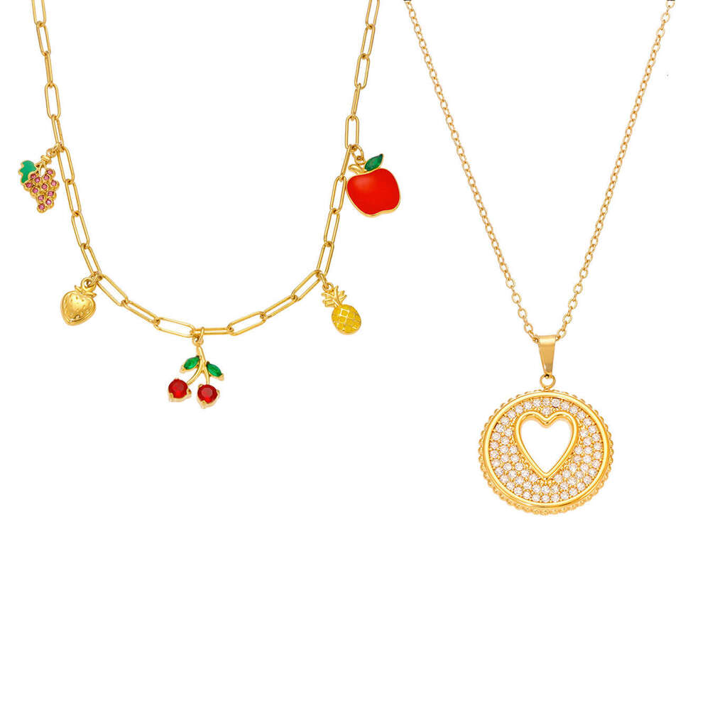 Stainless Steel DIY Cherry, Grape, Pineapple Pendant Necklace Ins Round Hollow Heart Zircon Clavicle Chain