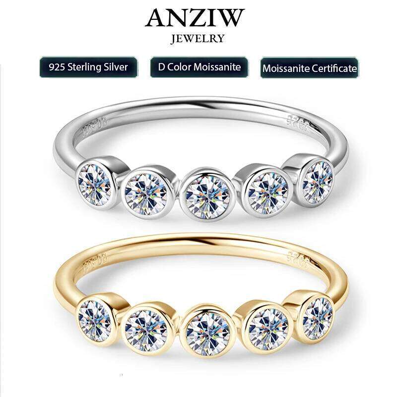 Anziw 925 Sterling Silver 3mm D-E Moissanite Rings for Women Fashion Five Stones Ring Daily Wear Finger Band Fine Jewelry Gifts H260312