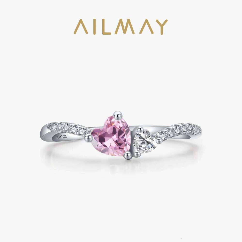 Ailmay Solid 925 Sterling Silver Romantic Dazzling Pink Heart Crystal Stackable Rings For Women Christmas Fine Jewelry Gifts H260312