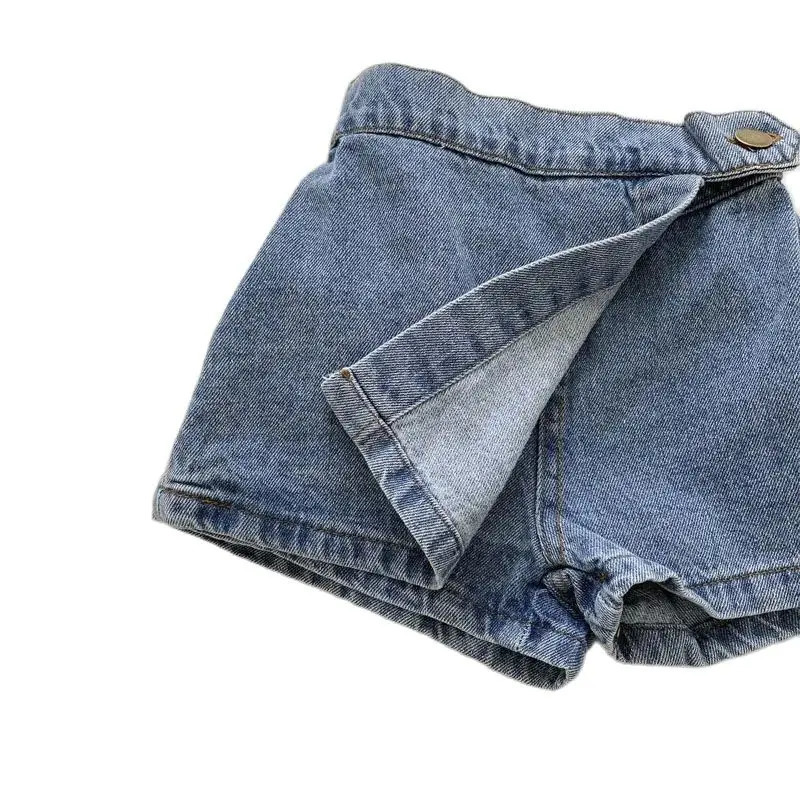 Korean Fashion Summer Kids Girl Skirt Shorts Solid Elastic Waist Button Soft Denim Culotte Children Versatile Clothing 260311
