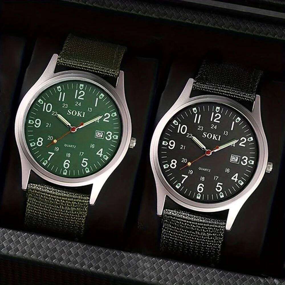 2pcs/set Men's Watch Calendar Fashion Digital Display Men Quartz WristWatch Casual Business Mens Clock Set