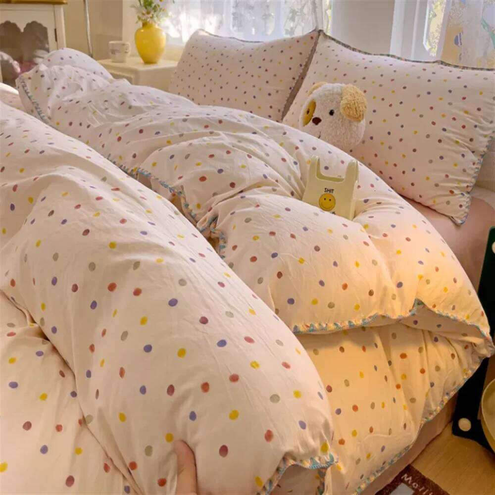 Sausa Dog Heart Cherry Quilt Double layer Yarn Four Pink Washed Cotton Bed Single Dormitory Simple Three piece Set H260312