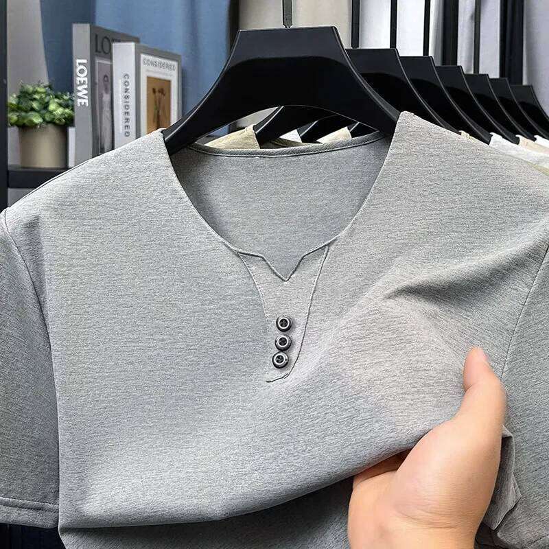 2025 New Men's Business Casual Three Button V-neck Short Sleeved T-shirt Korean Style Summer Comfortable Versatile Top