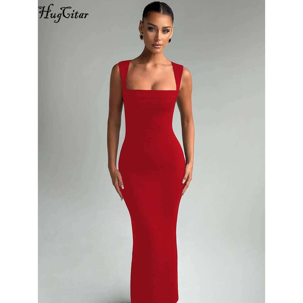 Hugcitar Elegant Solid Square Collar Straps Sexy Bodycon Maxi Prom Dress Summer Women Y2K Clothes Evening Party Birthday C260312