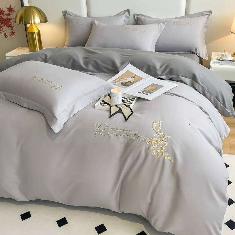 Simple Embroidery Washed Cotton Four-piece of High-grade Atmospheric Duvet Cover Pillowcase Bed Sheet Fitted Bedding Set H260312