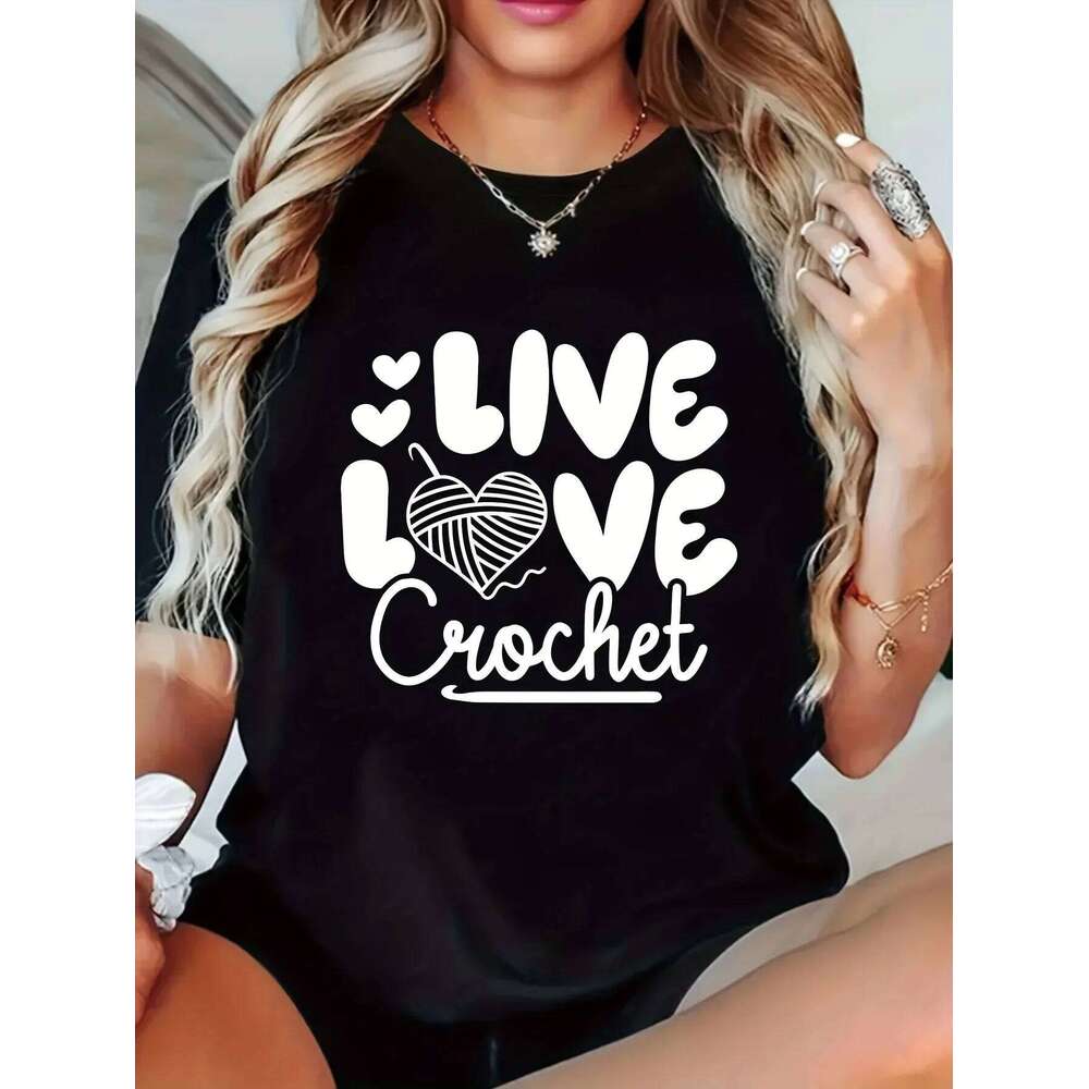 Women's themed LIVE LOVE crochet printed heart-shaped casual short sleeved round neck T-shirt Z260312