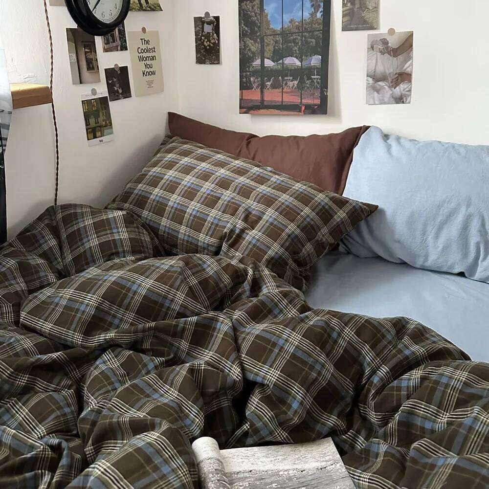 Queen Size Blue, Brown & Green Buffalo Plaid Duvet Cover Set - 3 Piece Vintage Aesthetic Bedding Set, 100% Washed Cotton, M H260312