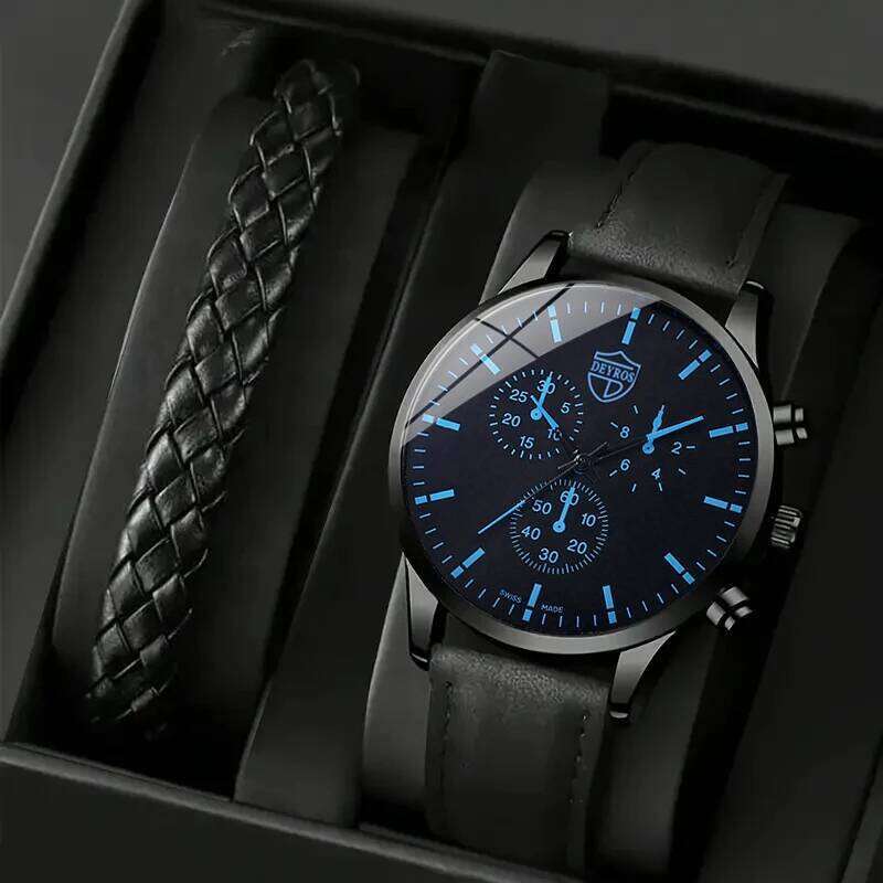 2pcs Men's Fashion Sports Watch Leather Bracelet Set Luxury Business Quartz Wrist Watches for Men Gift Relogio Masculino