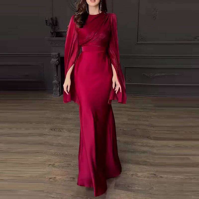 Vintage High Waisted Women Satin Dress New Ladies Temperament Crew Collar Elegant Slim Long Sleeve Banquet Dresses C260312