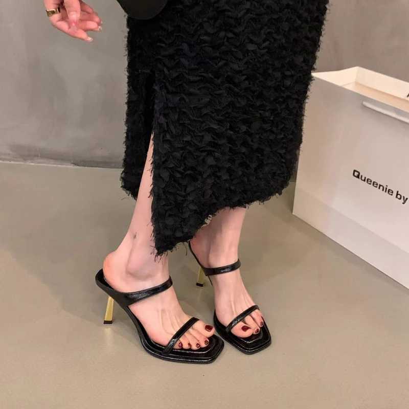 SUOJIALUN 2024 Summer New Women Slipper Fashion Narrow Band Ladies Elegant Slides Thin High Heel Open Toe Slip On Sandal P K260312