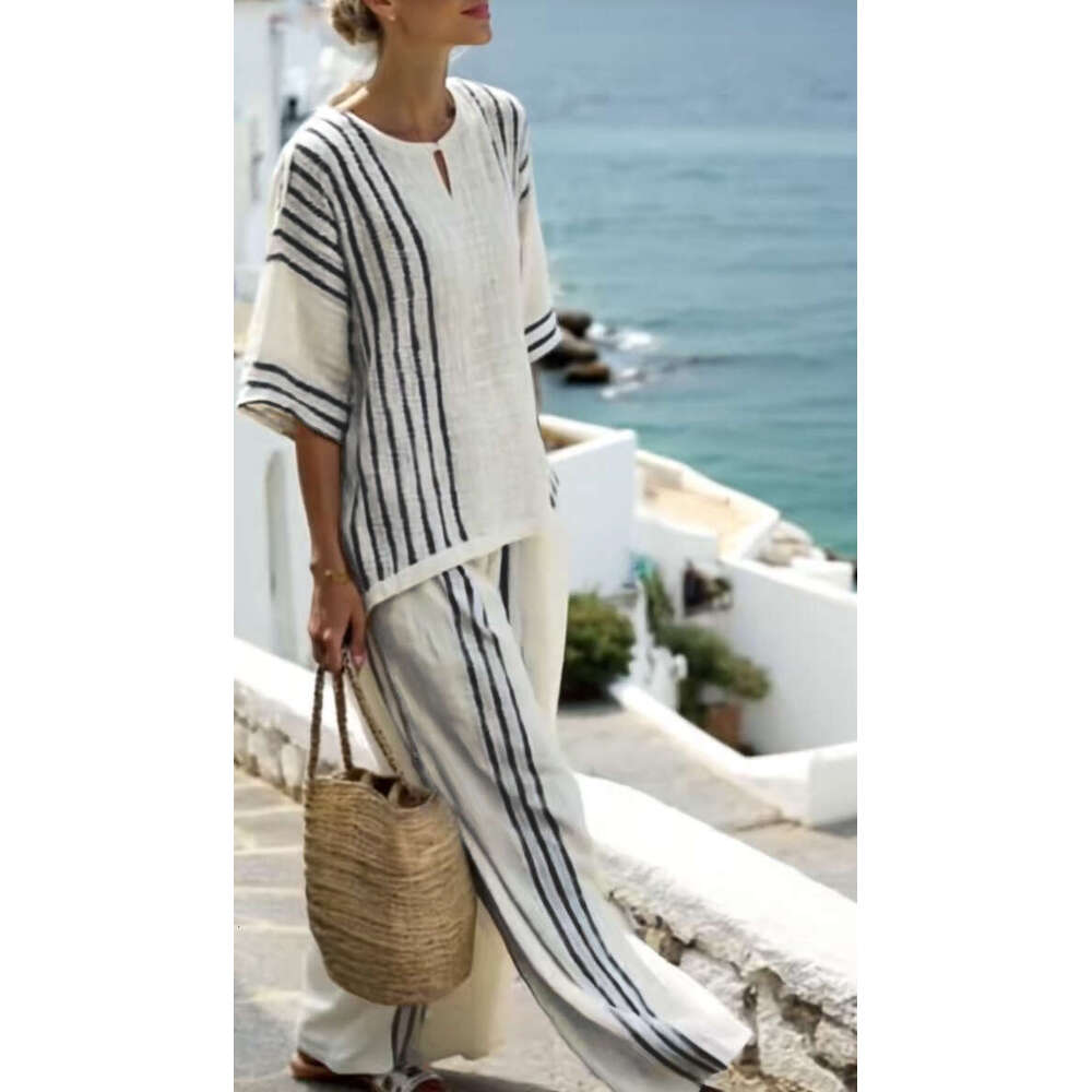 European And American Style Clothing Round Neck Striped Short Sleeve Linen Cotton Top Casual Pants Women
