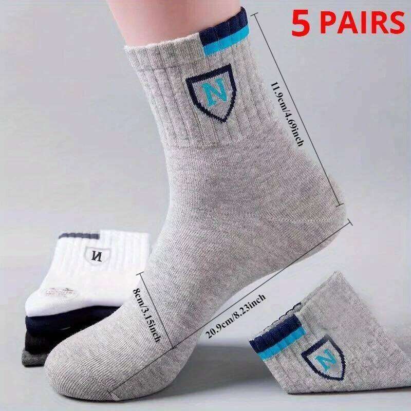 5 Pairs Men's Medium Length Can Be Worn with Letter Pattern In All Seasons Sports And Fashion Socks Z260312