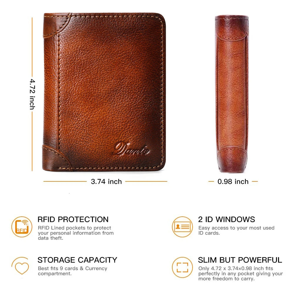 Dante Mens Leather Wallet RFID Anti-theft Brush Head Layer Cowhide Retro Casual Vertical Multi-Function Money Bag Money Clips 260304