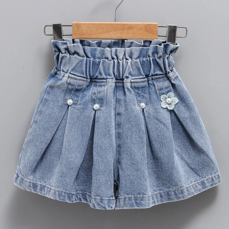 Summer Girls Denim Shorts Korean Fashion Childrens Pleated Jeans 412Years Teens Short Pearl Decoration 260311