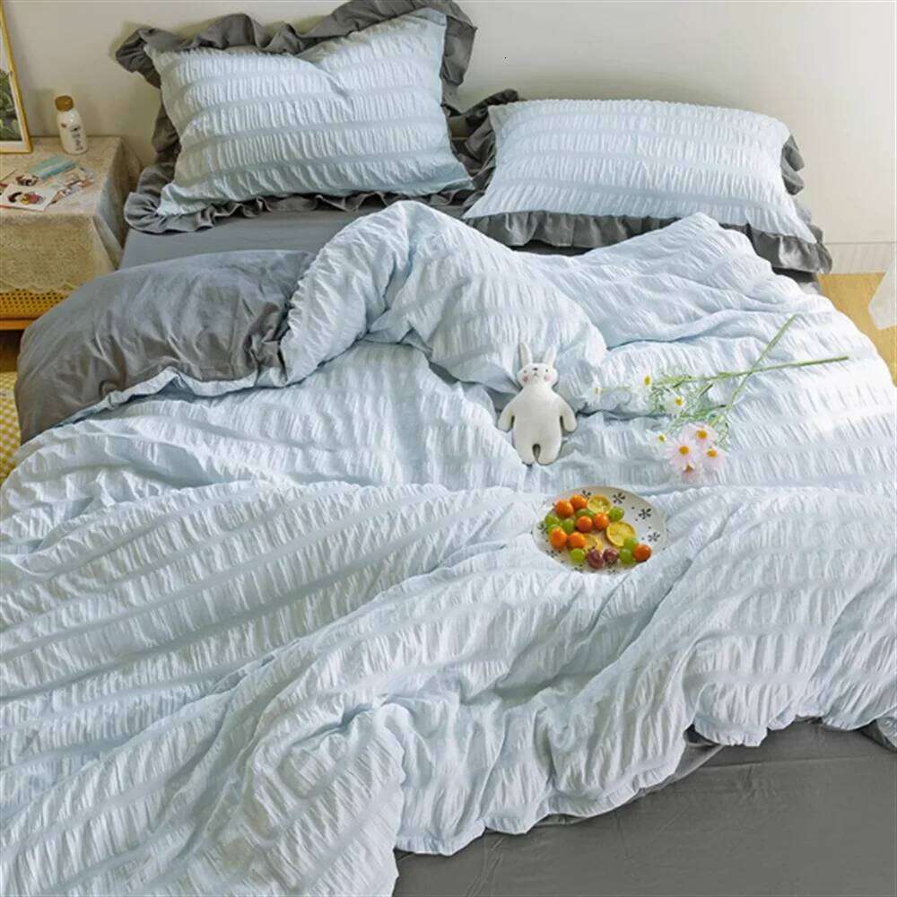 Ins Light Blue Bubble Washed Cotton Bed Sheet Bedding Four Season Duvet Nordic Style Three Piece Set H260312