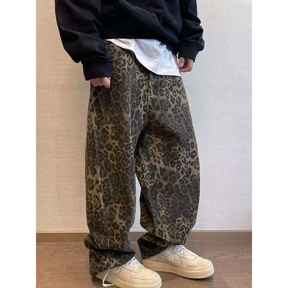 Autumn Tan Leopard Jeans Men Denim Pants Male Oversize Wide Leg Trousers Streetwear Hip Hop Vintage Loose Casual Animal Print 26Y0312