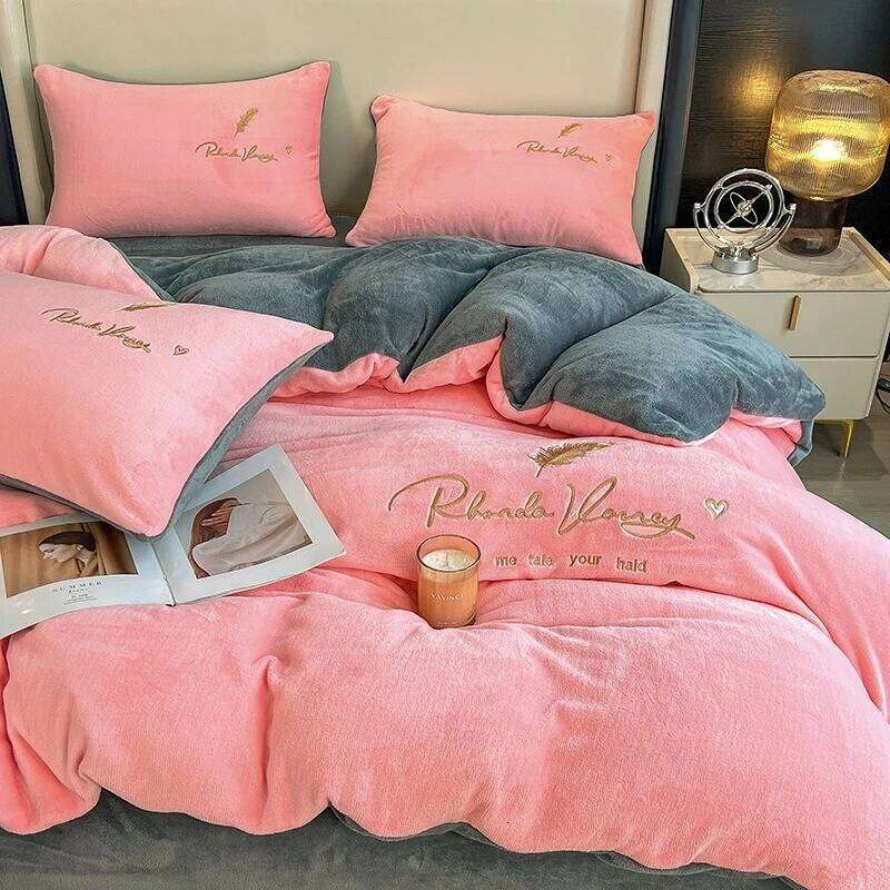 Coral milk four-piece set winter sheet thickened single cover dormitory crystal velvet embroidered bed H260312