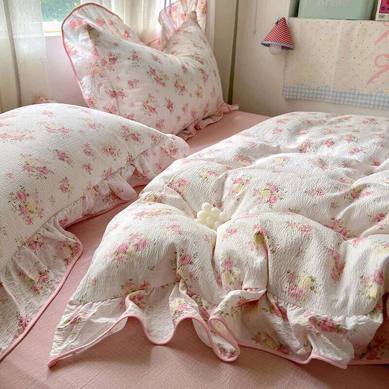 Ruffles Bedding Floral Style Duvet Cover Pillowcase with Bedsheet Skin-friendly Bed Linen Set Girls Room Bedclothes H260312