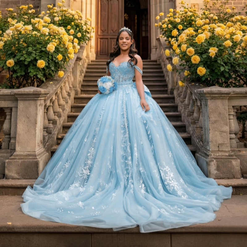 Sky Blue Shiny Ball Gown Quinceanera Dresses 2026 Applique Lace Beading Crystal Bow Tull Corset Off Shoulder Sweet 16 Dress Vestidos De 15 Anos
