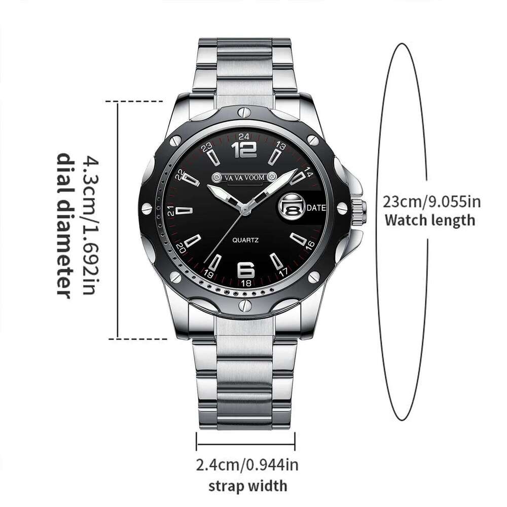 VA VOOM Brand Business Men Watch Classic Stainless Steel Silver Black Quartz Movement 43mm Diving RO Series Sports Wristwatch