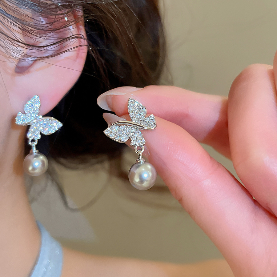 18k real gold plated silver needle zircon butterfly pearl vintage fashion temperament earrings, light luxury niche earrings