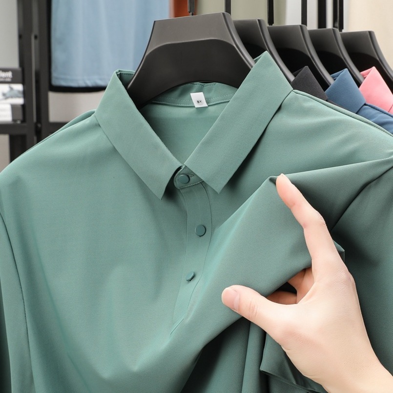 Ice Silk Summer Men's Business Casual Stretch Non-Iron Solid Color Streetwear Short Sleeve Turn-Down Collar Polo Shirt