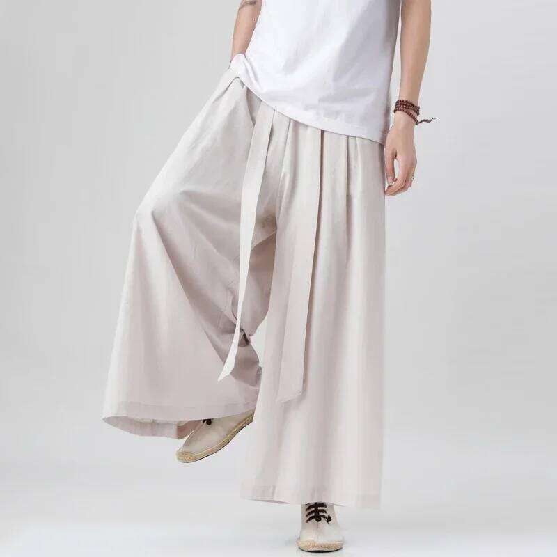 2024 Spring Chinese Style Cotton Linen Harajuku Men Kung Fu Kimono Trousers Male Street Wushu Wide Leg Pants Bottom