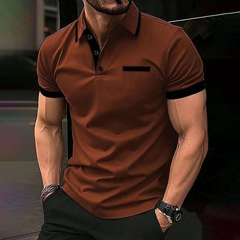 Spring Summer Men Clothes Short Sleeve Turn-down Collar Fake Pocket Print Business Casual Polo Shirt Resilient Tops 26H0312