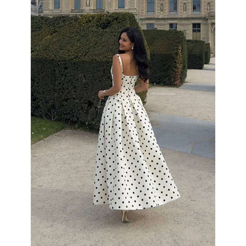 Elegant Polka Dot High Waist Party Dress Fashion Square Neck A-line Backless Sling New Summer Female Holidays Robes 2025 C260312