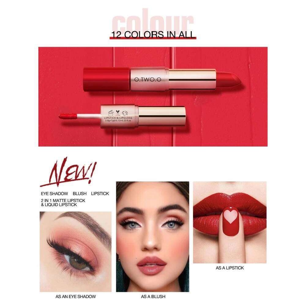 O.TWO.O 2 IN 1 Matte Lipstick&Liquid Lipstick 12 Colors Makeup Glaze Waterproof Batom Lip Cosmetics Silky Texture W260311
