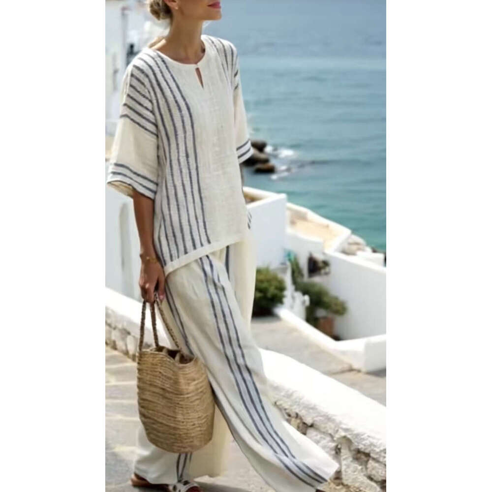 European And American Style Clothing Round Neck Striped Short Sleeve Linen Cotton Top Casual Pants Women