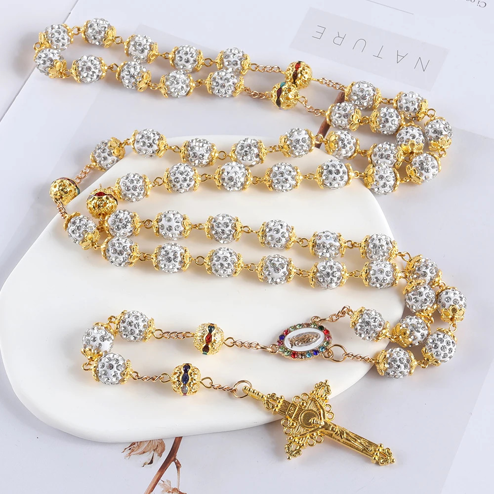 2025 Vintage Catholic 10mm 59 Crystal Rhinestone Beads Cross Necklace 260311