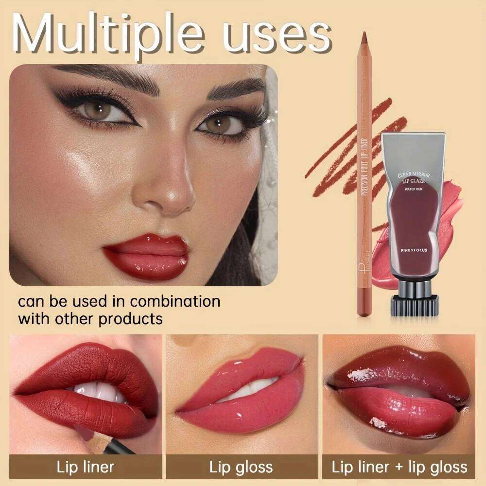 2pcs of moisturizing lip gloss and durable waterproof lipliner set - high color lipstick, glossy texture W260311