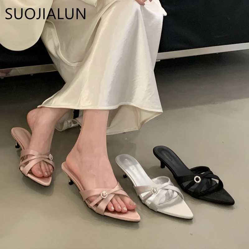 SUOJIALUN 2025 Summer New Women Slipper Fashion Pointed Toe Open Toe Ladies Elegant Slides Thin Low Heel Outdoor Dress Sandal K260312