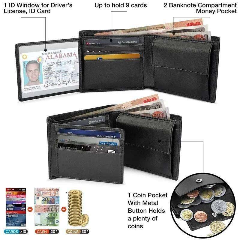 Wallets Mens Slim RFID Blocking Genuine Leather with Coin Pocket 2 Banknote Compartments 10 Credit Card Holders Wallet for Men