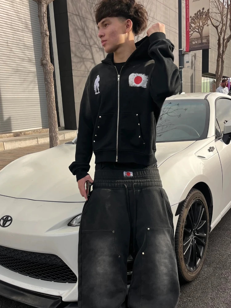autumn and winter diamond loose plush national flag casual zipper hooded sweatshirt pants two-piece set trendy s 260311